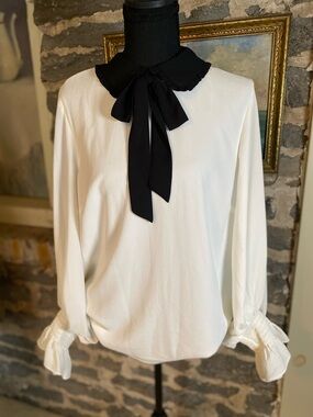 CeCe White Blouse with Black Bow Collar